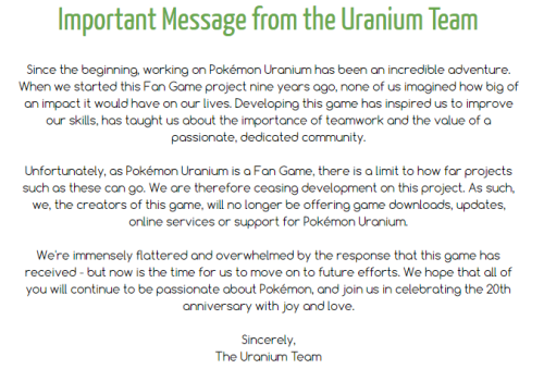 We, the developers of this game, will no longer be providing updates or support for Pokémon U