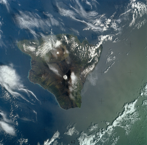 humanoidhistory:  January 8, 1974 — An astronaut’s camera on the Skylab space station gives us this vertical view of the Island of Hawaii, aka the Big Island. (NASA)