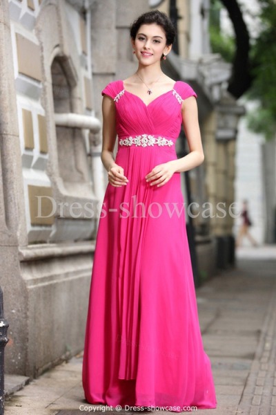 Fuchsia Chiffon V-neck Column/Sheath Capped Sleeves Prom Dress - http://www.Dress-ShowCase.com/Fuchsia-Chiffon-V-neck-Column-Sheath-Capped-Sleeves-Prom-Dress-p22155.html