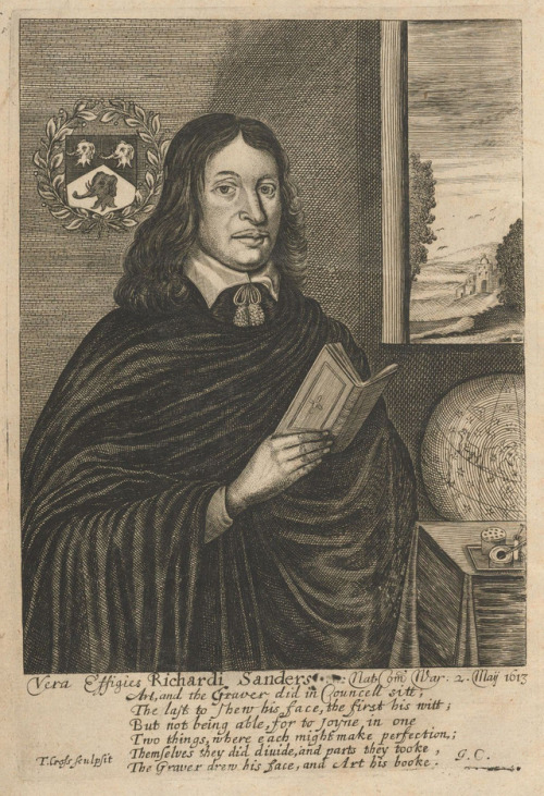 The English physician and astrologer Richard Saunders is depicted in the frontispiece to his book wi