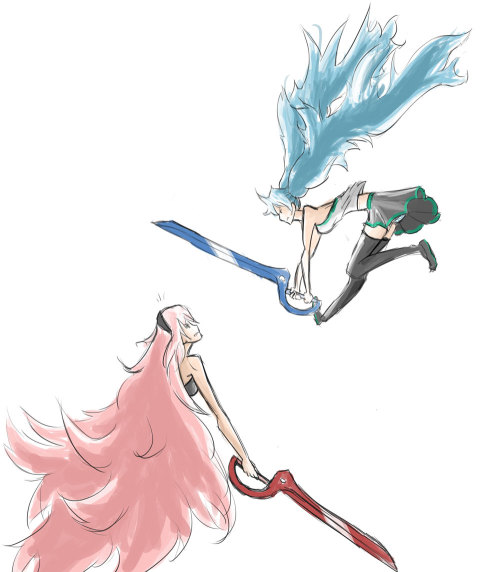 tunaleeks-blog:  Miku and Luka doing some intense scissoring 