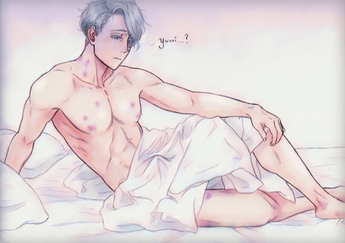 somethingyoirelated:  A tired bean and - oh - what is that? Yuuri, hurry back to bed!   Twitter | Pa
