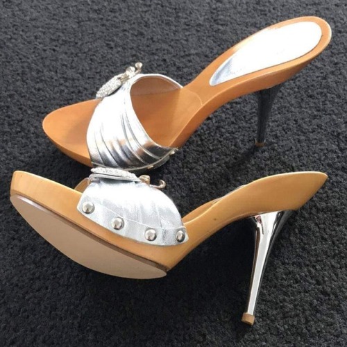 stilettomules:Jennifer Lopez Silver Christy wooden Mules Size: US 6 Regular (M, B). Brand new in box