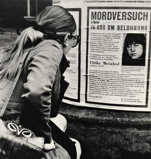undergroundrockpress:A wanted-poster of terrorist Ulrike Meinhof, member of the Red Army Faction, in
