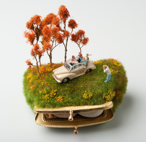 itscolossal:Miniature Figures Top Coin Purses, Makeup Compacts, and Teapots in Lush Narrative Scenes