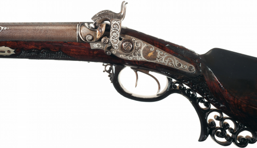 Muzzleloading percussion double barrel shotgun crafted by Carl Steigel of Munich, mid 19th century.