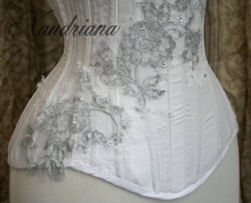 Bridal overbust all finished! White faux silk and coutil corset with silver and white lace and beads