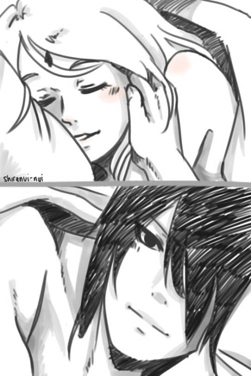 shiranui-nui:  A quick doodle of Sasuke gazing at Sakura’s sleeping face.  She had a tough day at work.  I just felt like drawing something fluffy.  Huehue.