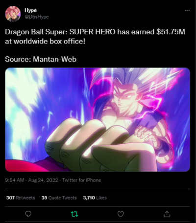Dragon Ball Super: SUPER HERO has earned $51.75M at worldwide box