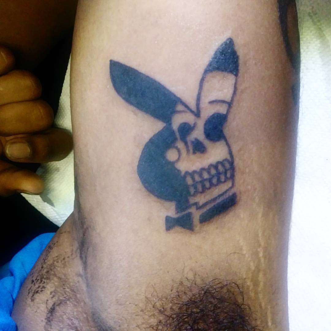 Playboy bunny with skull near the armpit.   Thank youu.    #ink #tattoos #chelsea