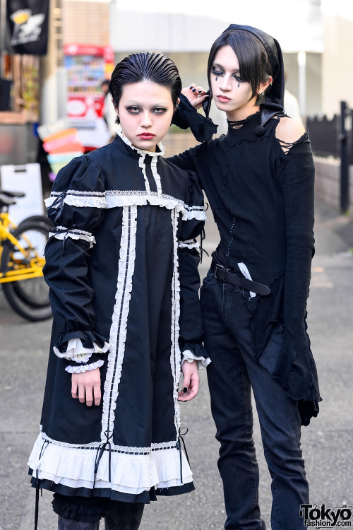 Daiki and Leo on the street in Harajuku wearing gothic Japanese styles including a handmade dress an