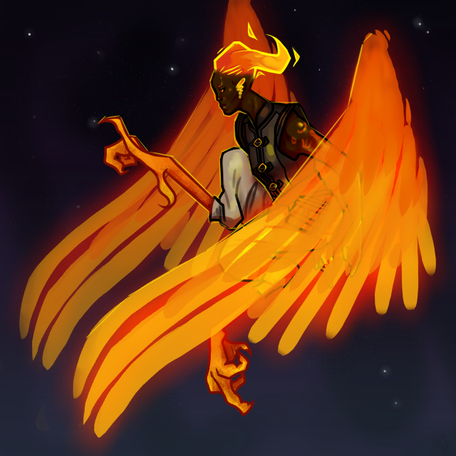 A digital drawing of Ayda Aguefort, from Fantasy High, in a night sky with her wings forward and her arms behind, a talon bent up in front and one underneath her. Her fire hair and wings glow orange.