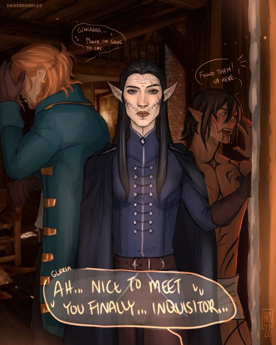 haverdoodles:Caught In The Act— (Gloria Trevelyan & Sera ft. Connal, Ellana & Thanuil.)Due to a convoluted series of events, Connal’s little sister joins the Inquisition! Though this isn’t quite the first impression she’d been hoping to