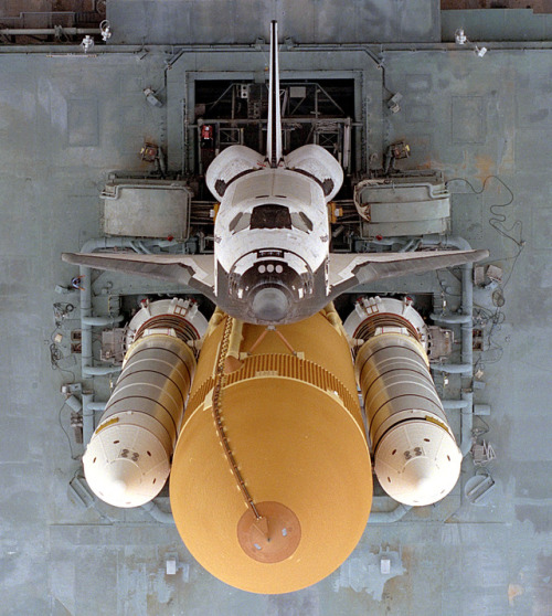 The Space Shuttle Atlantis begins the slow journey to Launch Pad 39A from the Vehicle Assembly Build