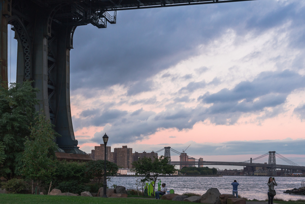 Sentinels
(by DeShaun A. Craddock)
Manhattan Bridge in the foreground, Williamsburg Bridge in the background.
Tomorrow, the preview exhibition for Rising Waters will close. I’ll be there for a little while, in case anyone will be on Governors...