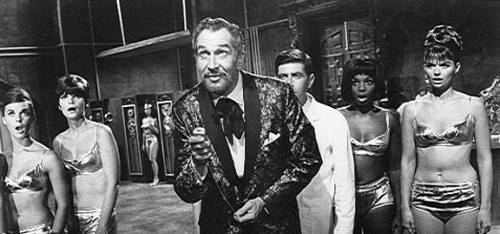 DR. GOLDFOOT AND THE BIKINI MACHINE (1965)left to right: Salli Sachse, Laura Nicholson, Vincent Price, Jack Mullaney, Issa Arnal and Luree Holmes