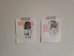 f-hirst:  two gal pals hanging out on my wall  (vague self portraits, thinking about proportional bodies, and whether or not such a thing exists.)  pencil, acrylic on paper