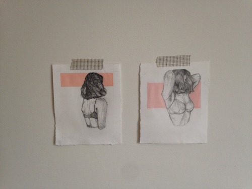 f-hirst:  two gal pals hanging out on my wall  (vague self portraits, thinking about proportional bodies, and whether or not such a thing exists.)  pencil, acrylic on paper 