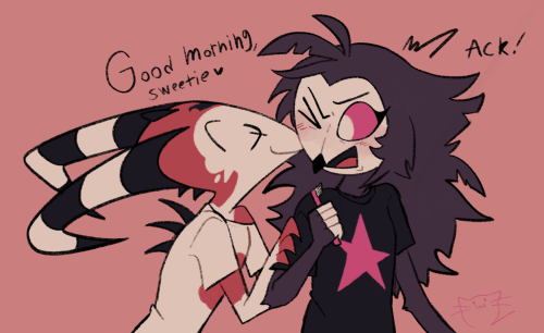 A digital illustration of Blitzø and Octavia from Helluva Boss. Blitzø is kissing Via’s cheek while saying “good morning, sweetie” and Via is shocked and grossed out by it but secretly happy. They’re both in their pajamas as well, Via’s hair being a huge mess.