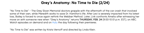 PRESS RELEASE | Grey’s Anatomy 18x09 - “No Time to Die”