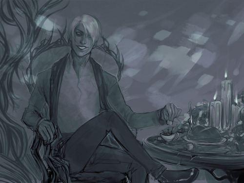   🎃 #Drawtober2020 Prompt III: Midnight Feast 🎃And this is the prompt I made my new fae OC for. I was struck with such inspiration to create this half-dark academic/half-fairy man for this challenge because I thought he was perfect for “Midnight