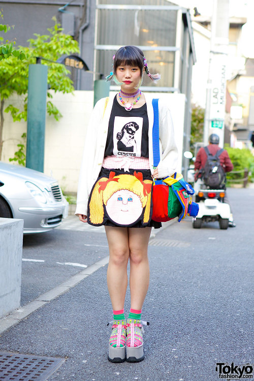 Elleanor on the street in Harajuku wearing a Jenny Fax Cabbage Patch skirt, a t-shirt from The Circu