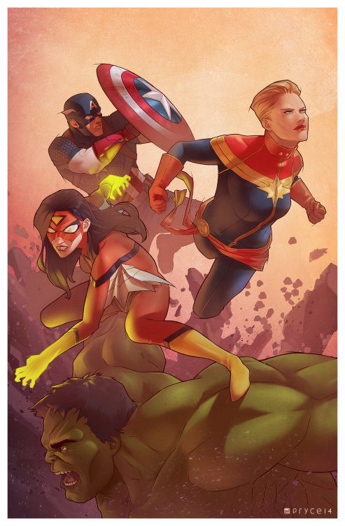 pryce14:Avengers by Pryce14Aaaand it’s done! Captain Marvel, Captain America, Spider-Woman and Hulk.