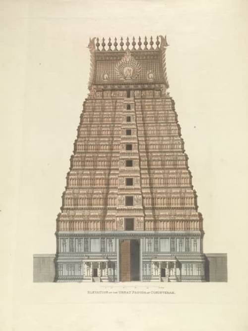 Elevation of the Great Pagoda at Conjeveram&rsquo;. Engraving by Capt. Thomas Fraser, c.1812.Gopura 