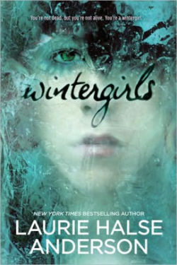 coverspy:  Wintergirls, Laurie Halse Anderson (F, teens, dyed teal hair with dark roots, backpack covered in pins and buttons, TJ Maxx plastic bag, seated and hunched deeply over book, 4 train)