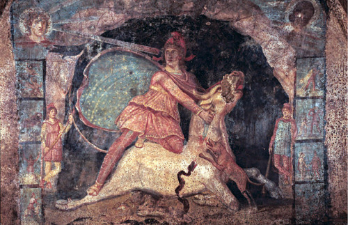 mythologyofthepoetandthemuse:Mithras with stars beneath his cape slaying the bull, detail of fresco 