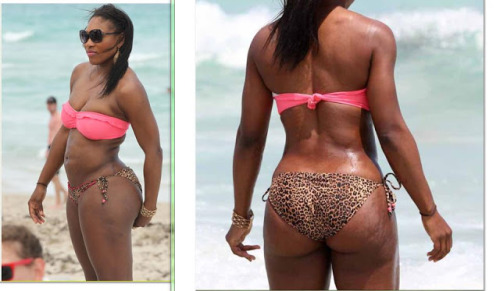 In honor of her wedding crash, here’s some more delicious Serena beach ass.  Leopard print pretty much always gives me a tent, and I love it when a hot chick has to adjust the back of her swimsuit because it’s riding up the crack.  It’s