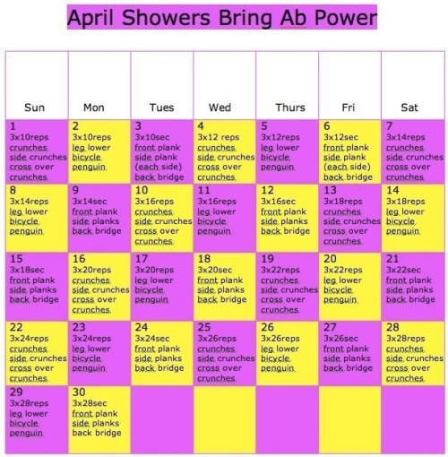 healthyinfinities:gonnabeahealthy-fitme:April workouts! Some are from different years but you ca