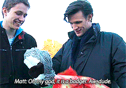 mattkarens:Charlie McDonnell gets Matt Smith a badger for Christmas (x)