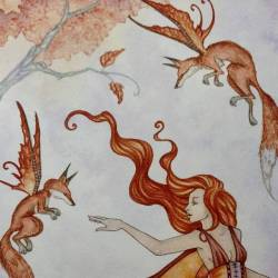 amybrownart:Progression pics for “Autumn Companions” are up on my Patreon page. #wip #workinprogress #fox #fairy #watercolor