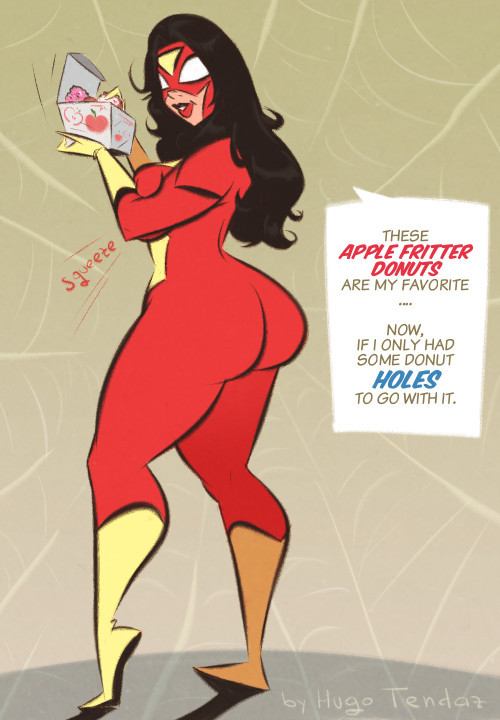 Spider-Woman - Donuts - Cartoon PinUp Sketch Commission  If there is a dream job, it has to be an apple fritter donut filler :DIt’s a commission for The Undeliverables   who asked for Spider-Woman.  I might try to do an homage to Milo Manara’s