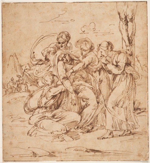 harvard-art-museums-drawings: Three Marys and Saint John at the Foot of the Cross, Raphael, 16th cen