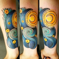 fuckyeahtattoos:  A take on van Gogh’s “The Starry Night”. Done by Laura Kennedy at Timeless Tattoo. Glasgow, Scotland. 