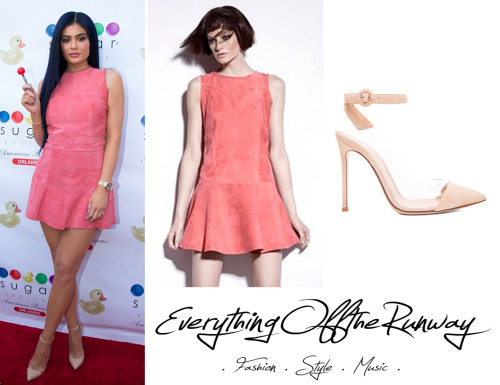 Kylie Jenner hosting the opening of the new Sugar Factory store.Manokhi Lynn Suede Leather DressGian