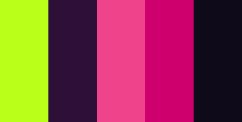 color-palettes: An Early 2000s Hot Topic - Submitted by Paranormal-thingum #BAFF19 #2D0F38 #EF438B #