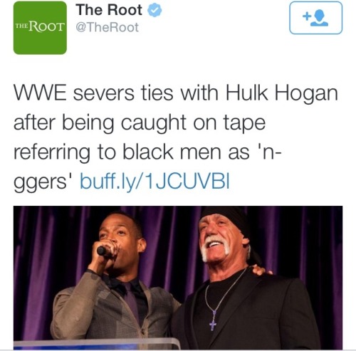 gluttens:  youwish-youcould:  krxs10:  WWE Cuts Ties With Hulk Hogan After Racist Rant Caught On TapeHall of Fame wrestler Hulk Hogan is out at World Wrestling Entertainment (WWE) after an audio recording featuring the wrestler using racist language was