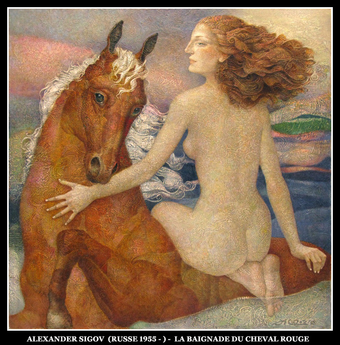 adhemarpo:  Alexander Sigov  (russe 1955 - ) -  la Baignade du cheval rouge