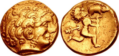 archaicwonder:  Unique Gold Quarter Stater of the Lexovii, Northwest Gaul, 3rd Century BCObverse: Celticized head right, with arrow-like device on cheek; ornaments to right. Reverse: Figure running right, holding standard surmounted by boar, arrow-like