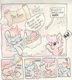 slightlyshade:  This is the 2nd anniversary of this Pony-a-Day blog special! I asked for suggestions for things to incorporate into the image, and I went ahead and made a comic out of it. The suggestions include Scootadash, mutual nosings, a race, and