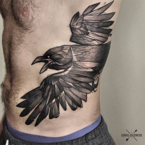 tattoofilter:  Sketchy style raven tattoo on the left side. Tattoo artist: Łukas Zglenicki