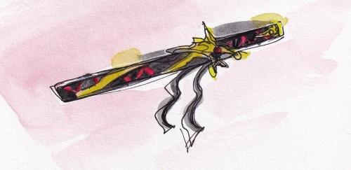 Watercolour and pen drawing of the sword on the boxart of Vocaloid3 voicebank VY2. The red yellow and black paint is loosely applied and the filigree details are scribbled. The background is a wash of pinkish-red.