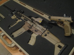gunrunnerhell:  Matched FN SCAR 16S with the FNX-45 Tactical. Note the RMR (Rear Mounted Red Dot) on the FNX-45. As many of you have mentioned, the tall sights are indeed for an RMR to allow for co-witnessing.