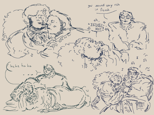 sketches of isel and thuyết in the context of the sunset ending. they're depicted as annoying one another, and also kissing and singing together.