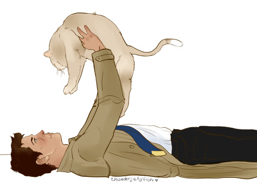 thunderjellyfish: mishaisdabest needed something to cheer her up, so I drew her Cas with a fat cat, 