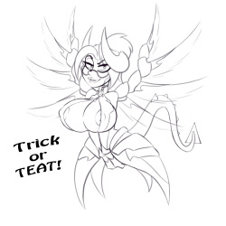 lil-mizz-jay:  10 buck Trick or Teat bust for AskTytan! Featuring his OC, Clock, dressed up as Imp Mercy! A slightly altered Imp Mercy suit anyway. Bet you can’t find where the alteration is! Here’s a hint it’s the cleavage window. 