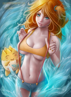 youngjusticer:  Misty is the gym leader of Cerulean City and excels with Water-type Pokemon. She aims to become a famous trainer while her team reflects her aspirations. Her team consists of Lapras, Lanturn, Jellicent, Dewgong, and Seaking. Misty, by
